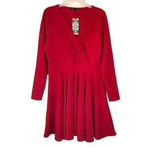 NWT Boohoo Surplice Faux Wrap Dress Red Long Sleeve Women’s Size 12
